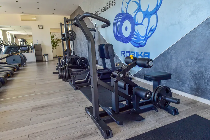 Erőgépek a Robika Gym kék bikás emblémájával díszített fal előtt
